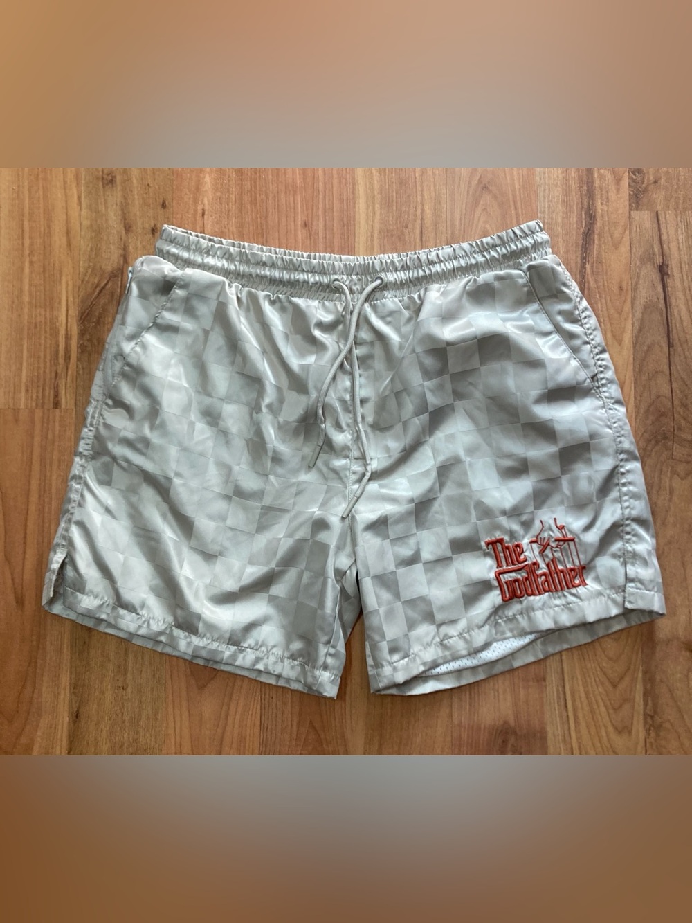 The Godfather Shoe Palace Checkered Lined Mens L Shorts Beige Satin